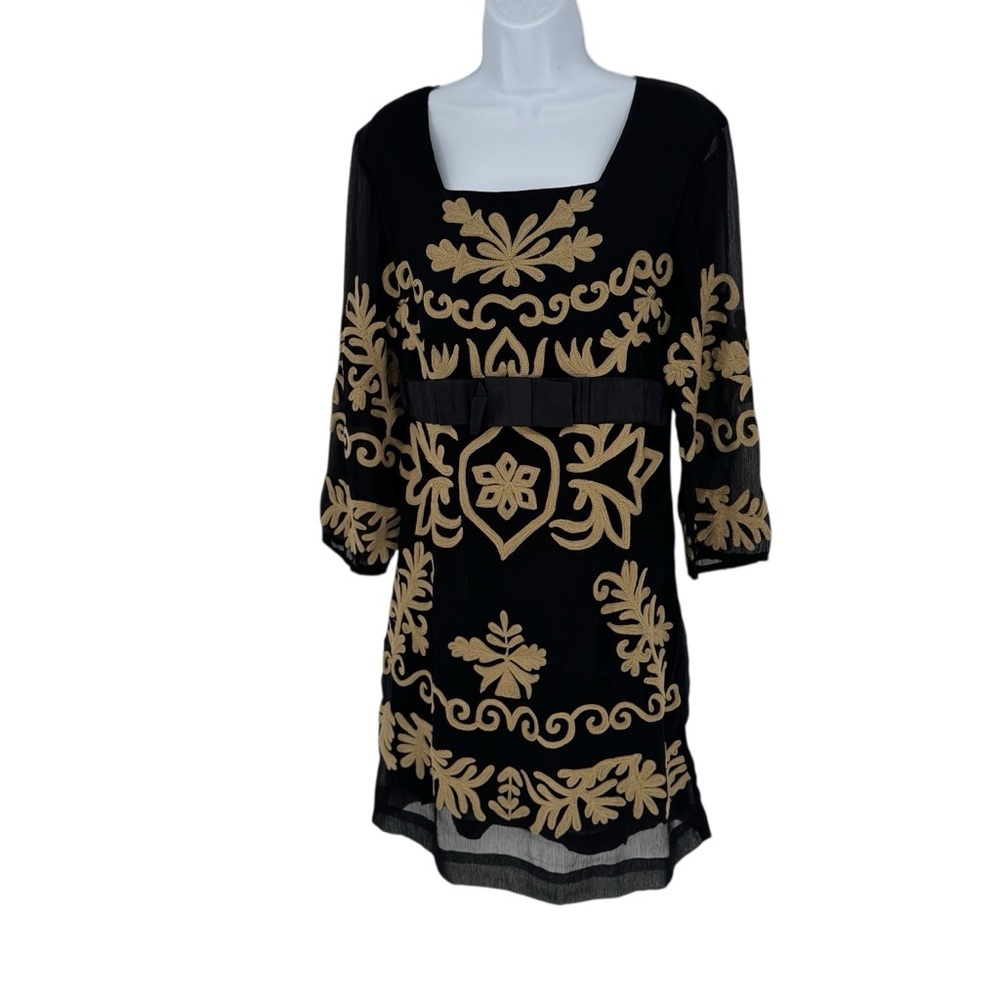 NWT Almatrichi Black Tan Twine Bow Lined Square Neck Midi Dress EU 38 Size 6-8